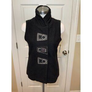 Icelandic Design Black 100% Boiled Wool Embroidered Snap Closure Vest, Size S
